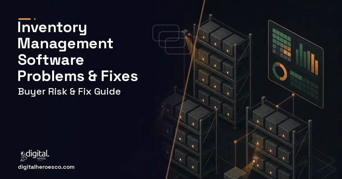 Inventory Management Software software overview illustration showing common problems and fixes.