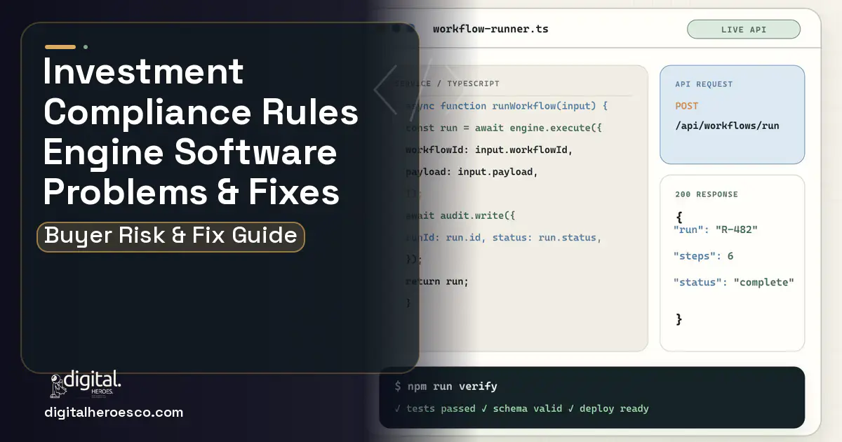 Investment Compliance Rules Engine Software code editor and API illustration showing common problems and fixes.