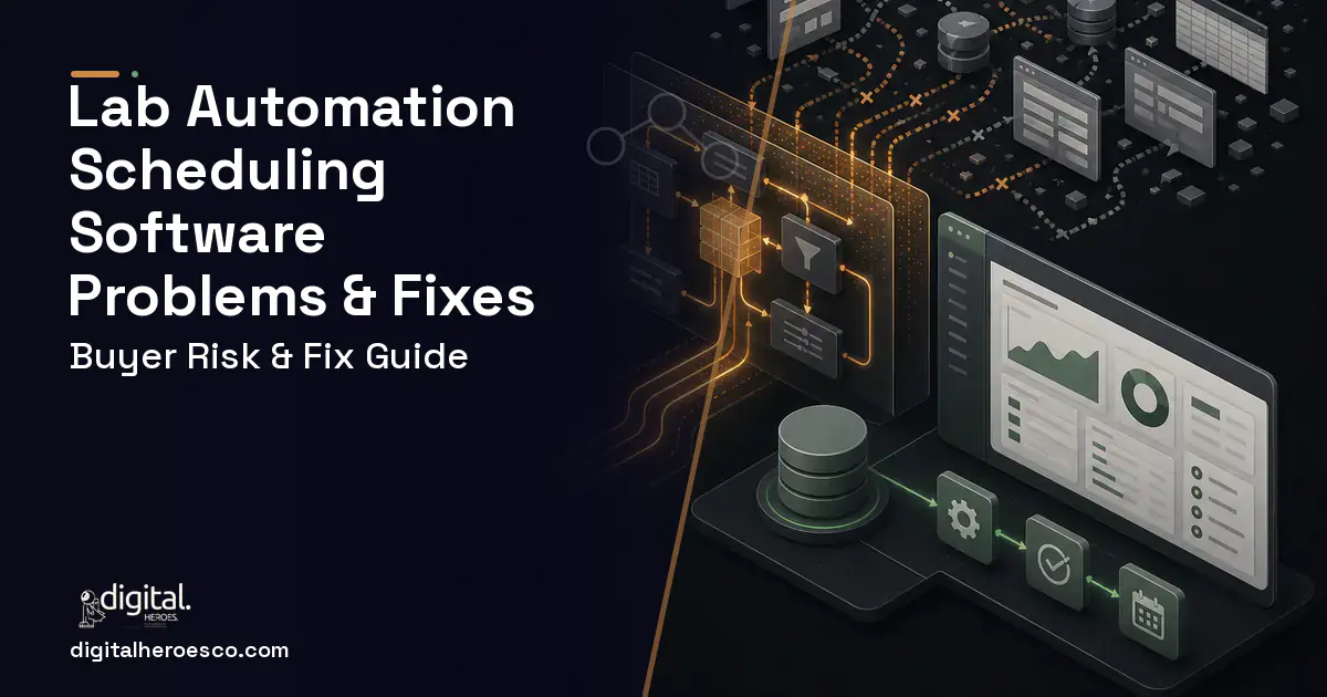 LAB Automation Scheduling Software workflow illustration showing common problems and fixes.