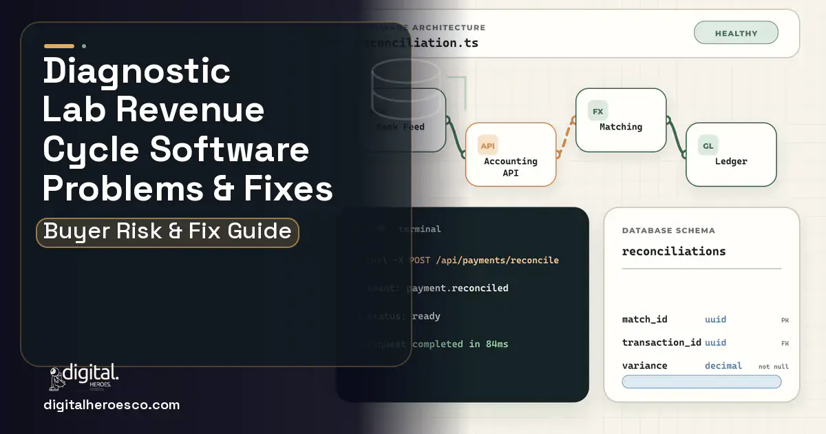 Diagnostic LAB Revenue Cycle Software architecture and database illustration showing common problems and fixes.