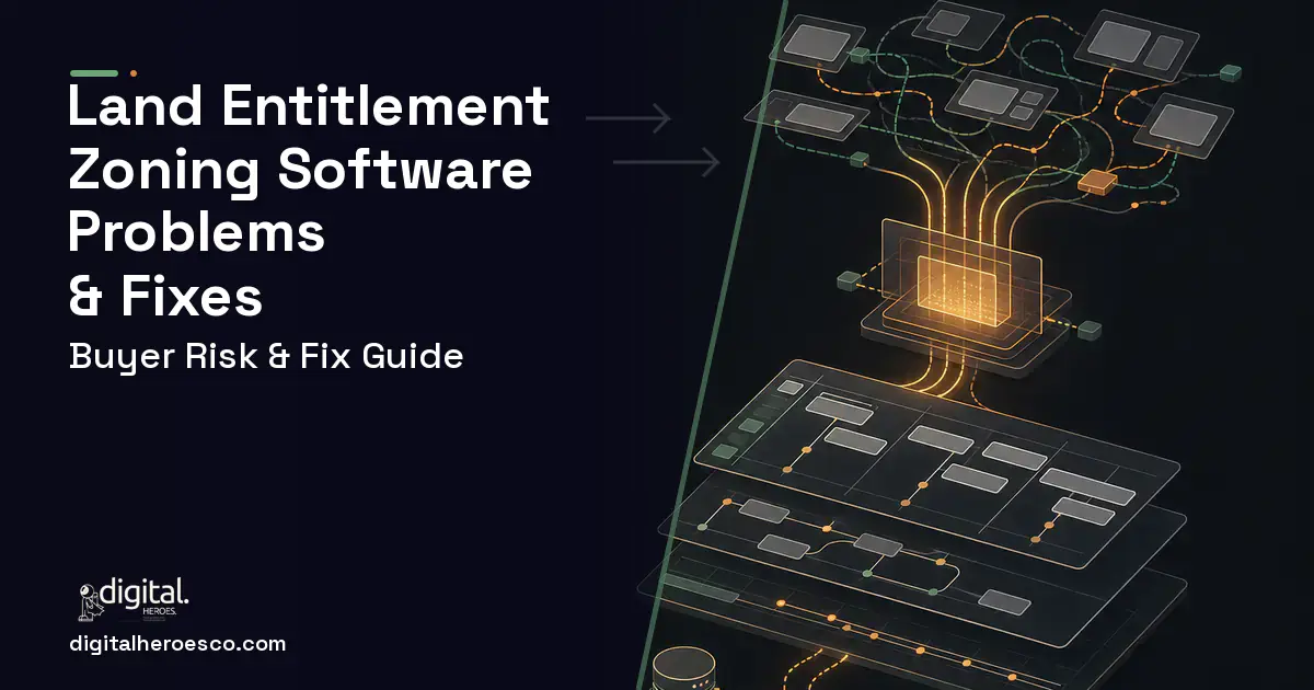 Land Entitlement Zoning Software workflow illustration showing common problems and fixes.