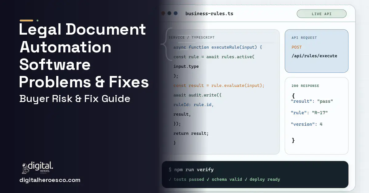 Legal Document Automation Software code editor and API illustration showing common problems and fixes.