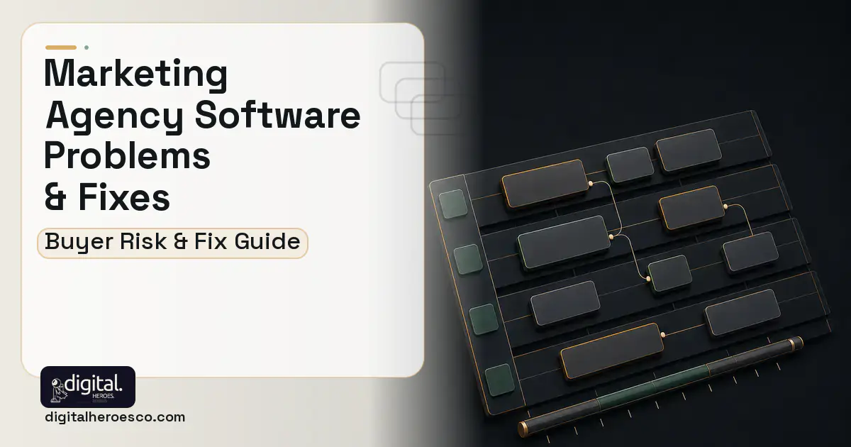 Marketing Agency Software software overview illustration showing common problems and fixes.