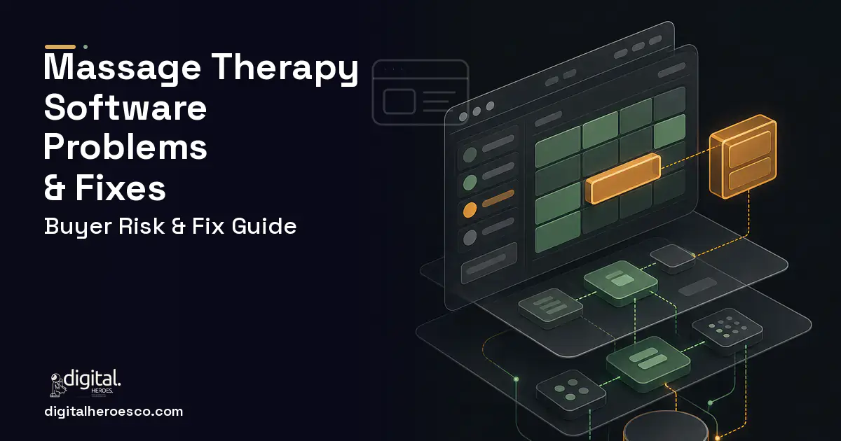 Massage Therapy Software product interface illustration showing common problems and fixes.