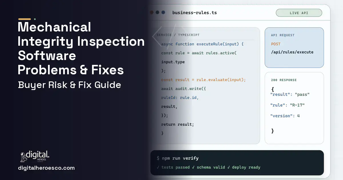Mechanical Integrity Inspection Software code editor and API illustration showing common problems and fixes.