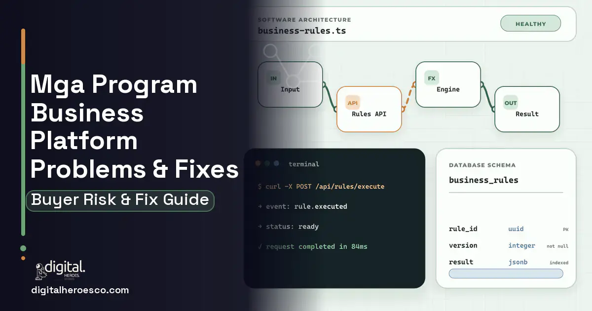 MGA Program Business Platform architecture and database illustration showing common problems and fixes.