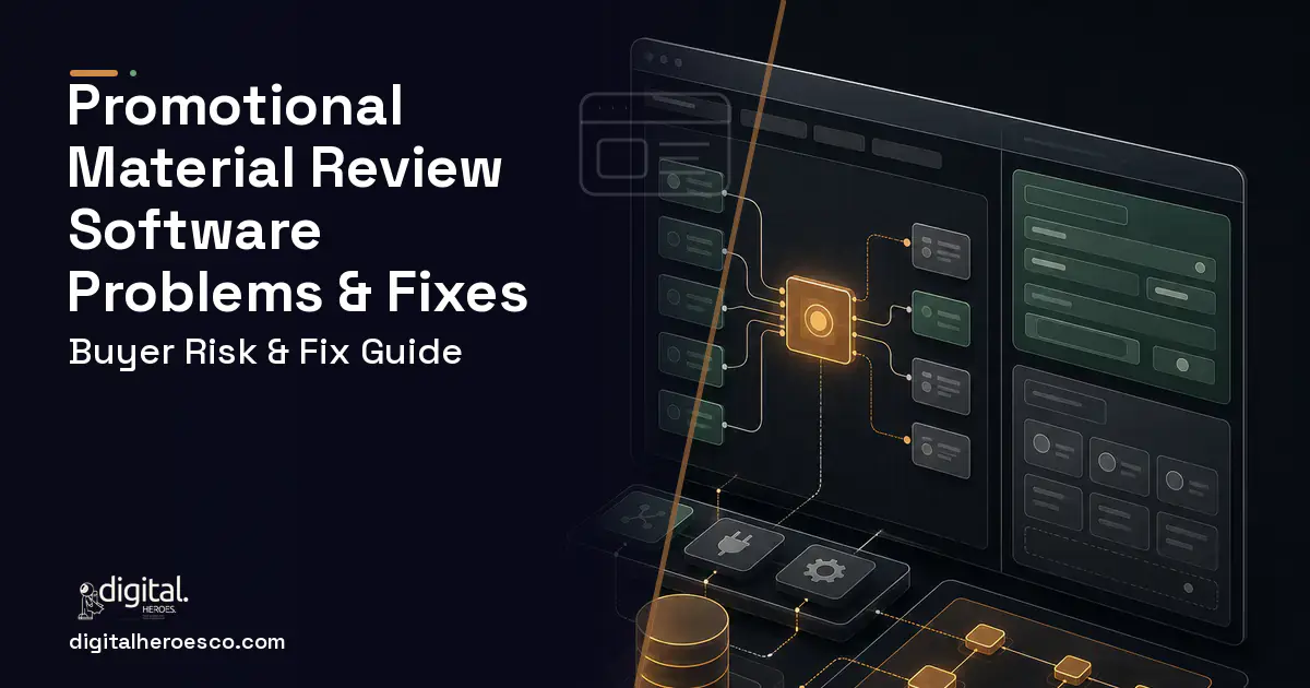 Promotional Material Review Software product interface illustration showing common problems and fixes.