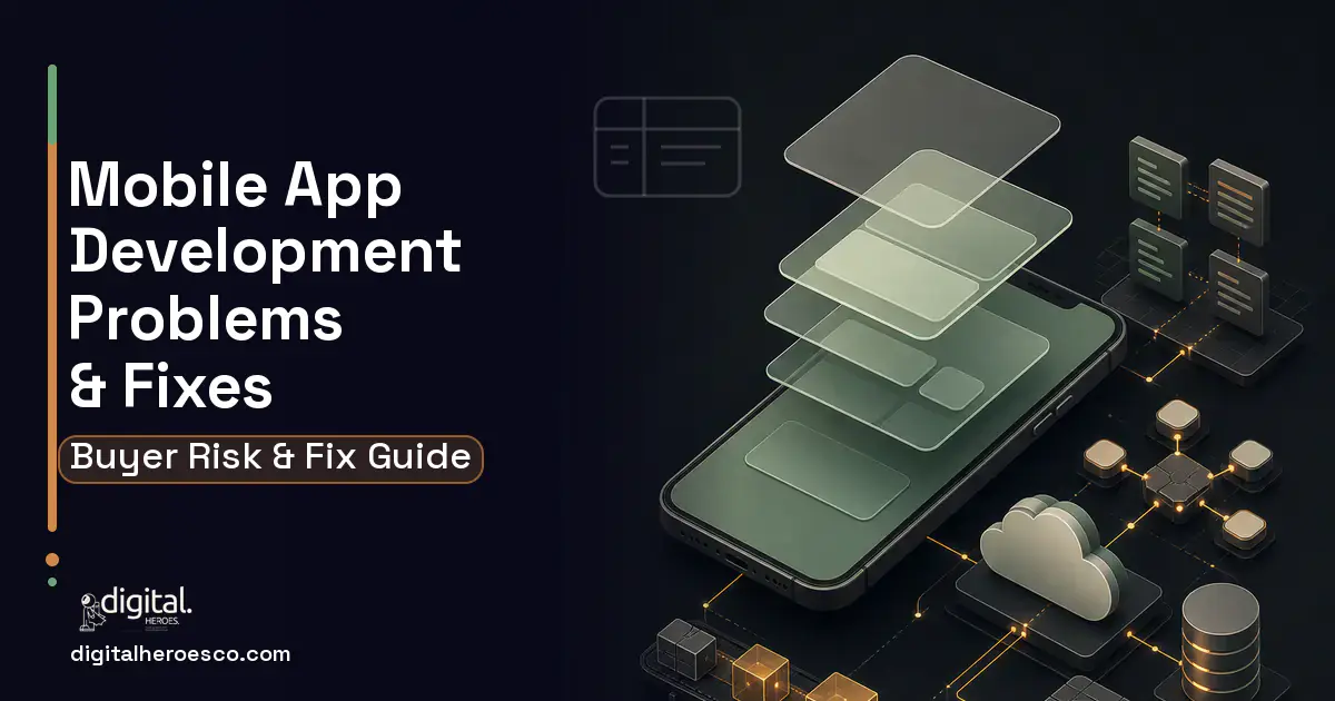 Mobile App Development product interface illustration showing common problems and fixes.