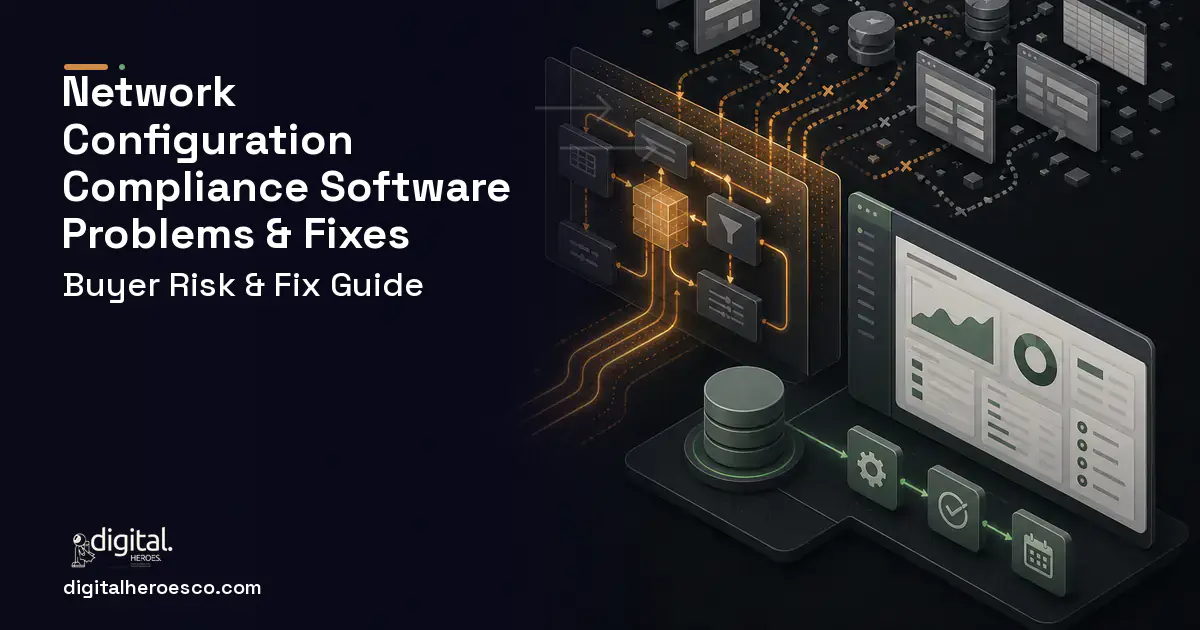 Network Configuration Compliance Software workflow illustration showing common problems and fixes.