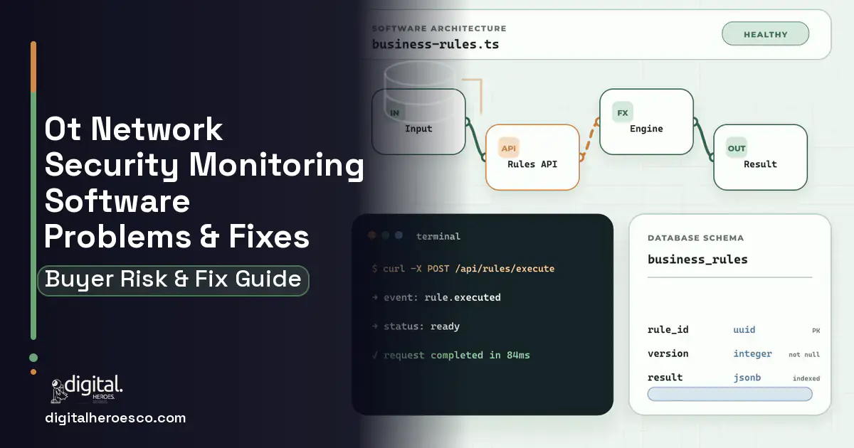 OT Network Security Monitoring Software architecture and database illustration showing common problems and fixes.