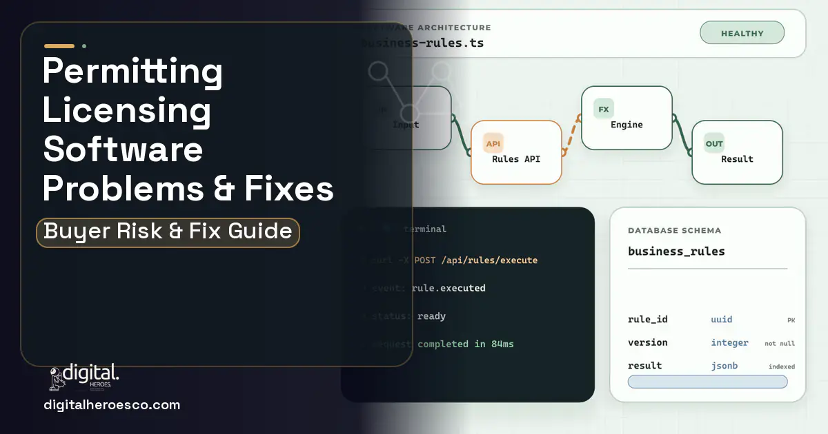 Permitting Licensing Software architecture and database illustration showing common problems and fixes.