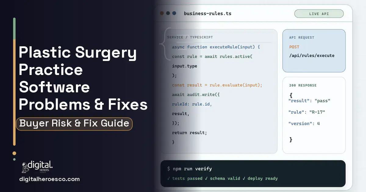 Plastic Surgery Practice Software code editor and API illustration showing common problems and fixes.
