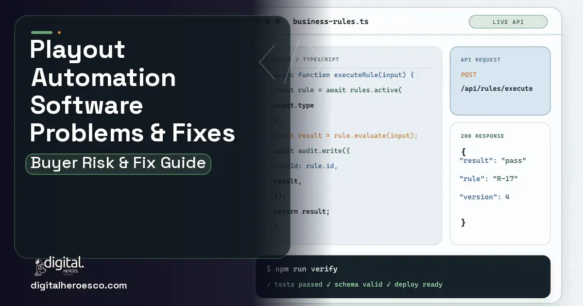 Playout Automation Software code editor and API illustration showing common problems and fixes.
