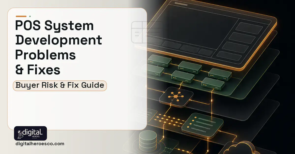 POS System Development product interface illustration showing common problems and fixes.