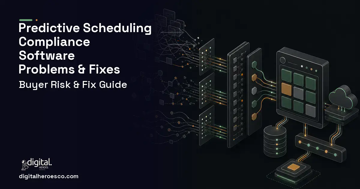 Predictive Scheduling Compliance Software workflow illustration showing common problems and fixes.