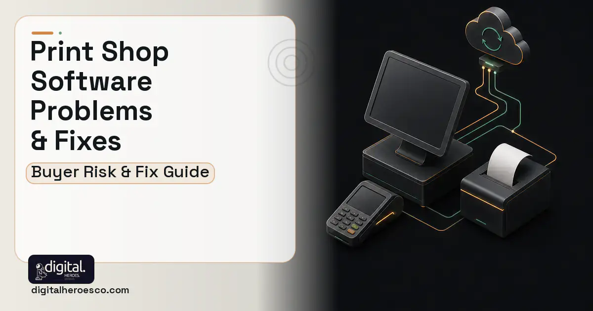 Print Shop Software software overview illustration showing common problems and fixes.