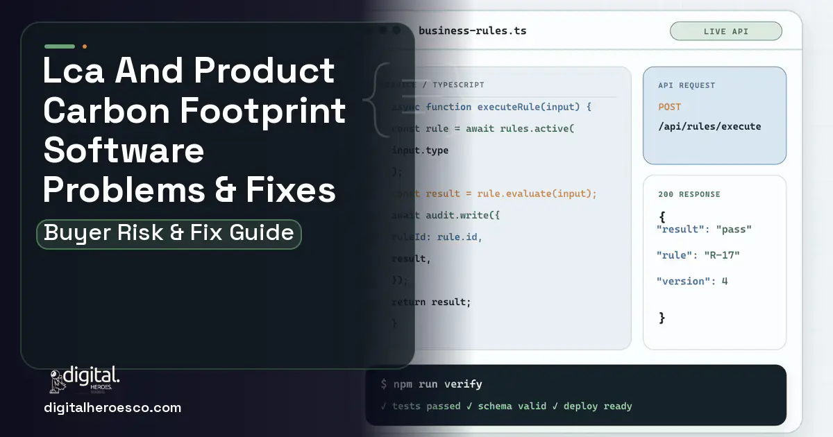 LCA AND Product Carbon Footprint Software code editor and API illustration showing common problems and fixes.