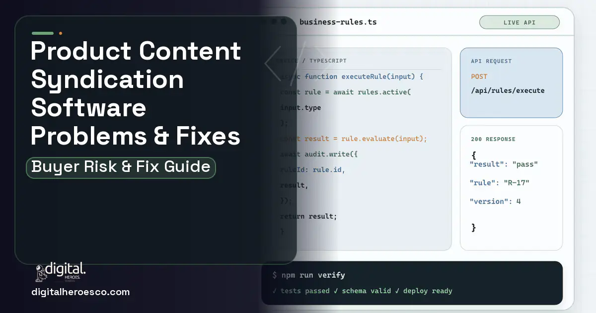 Product Content Syndication Software code editor and API illustration showing common problems and fixes.
