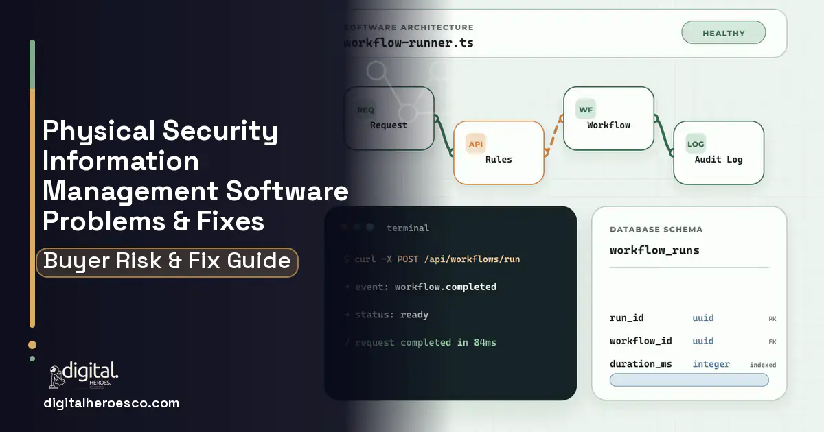 Physical Security Information Management architecture and database illustration showing common problems and fixes.