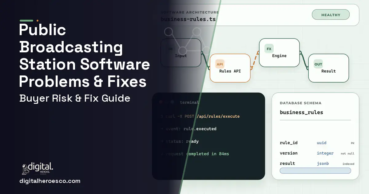 Public Broadcasting Station Software architecture and database illustration showing common problems and fixes.