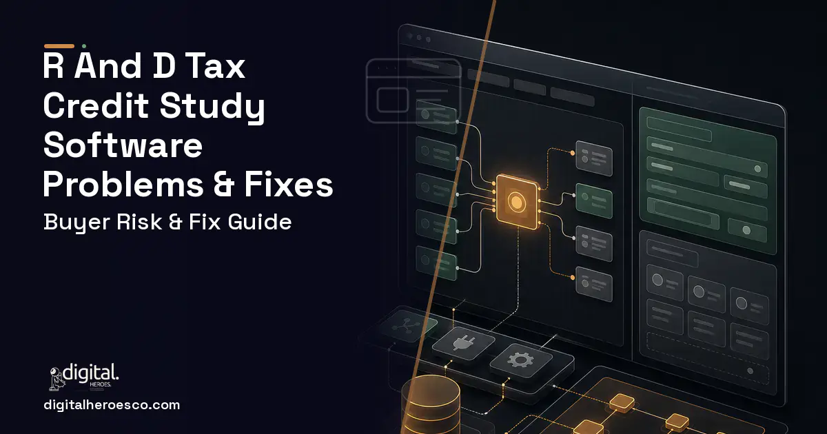 R AND D TAX Credit Study Software product interface illustration showing common problems and fixes.