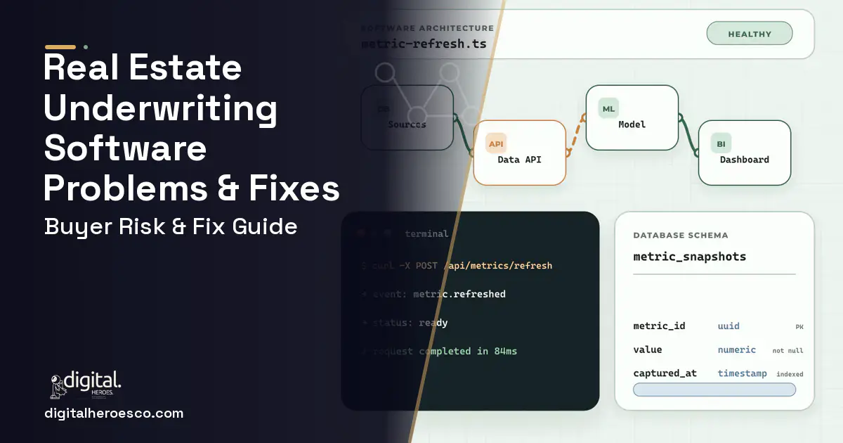 Real Estate Underwriting Software architecture and database illustration showing common problems and fixes.