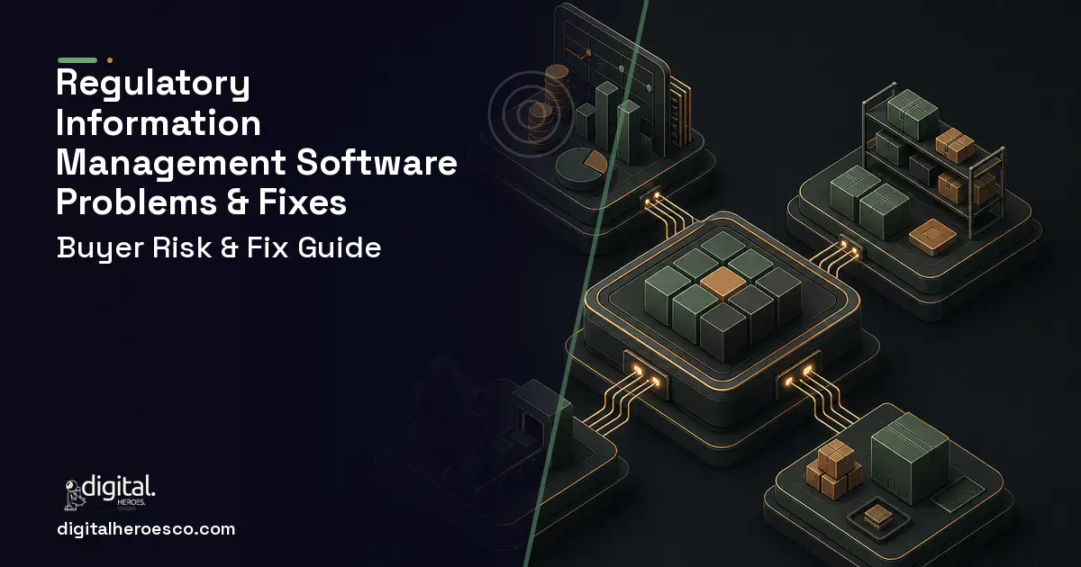 Regulatory Information Management Software software overview illustration showing common problems and fixes.