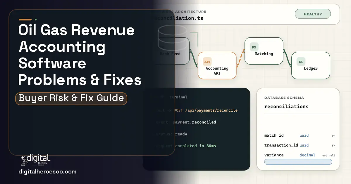 OIL GAS Revenue Accounting Software architecture and database illustration showing common problems and fixes.