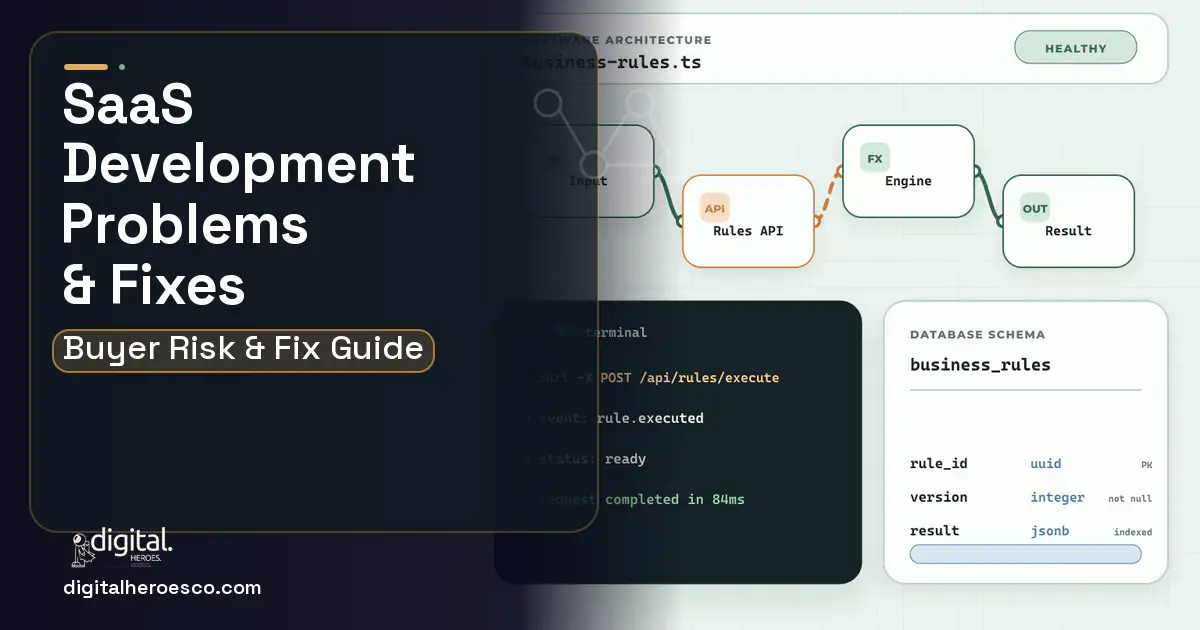 SaaS Development architecture and database illustration showing common problems and fixes.