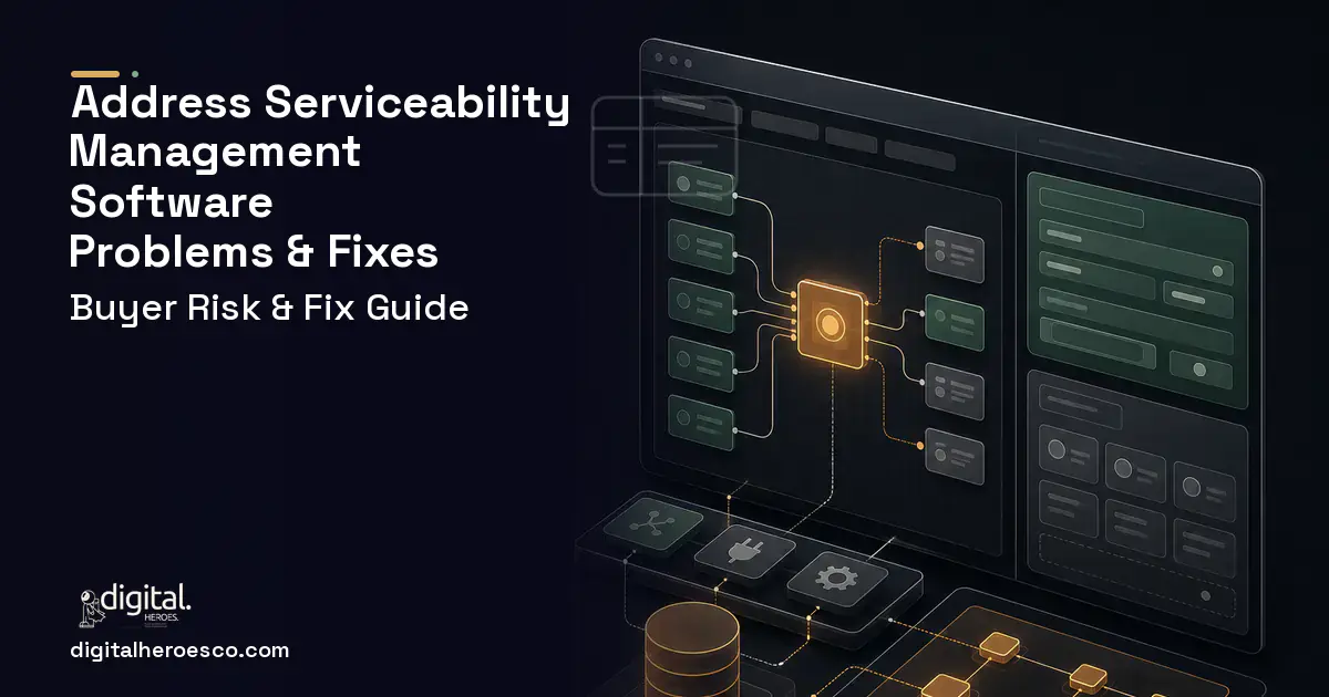 Address Serviceability Management Software product interface illustration showing common problems and fixes.