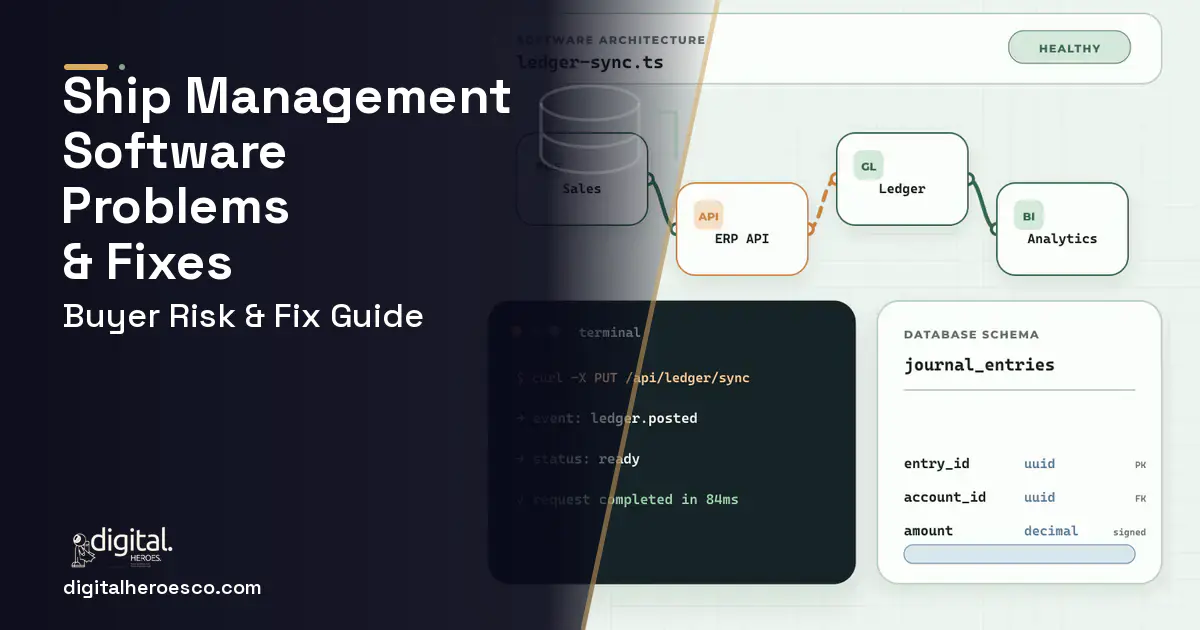 Ship Management Software architecture and database illustration showing common problems and fixes.