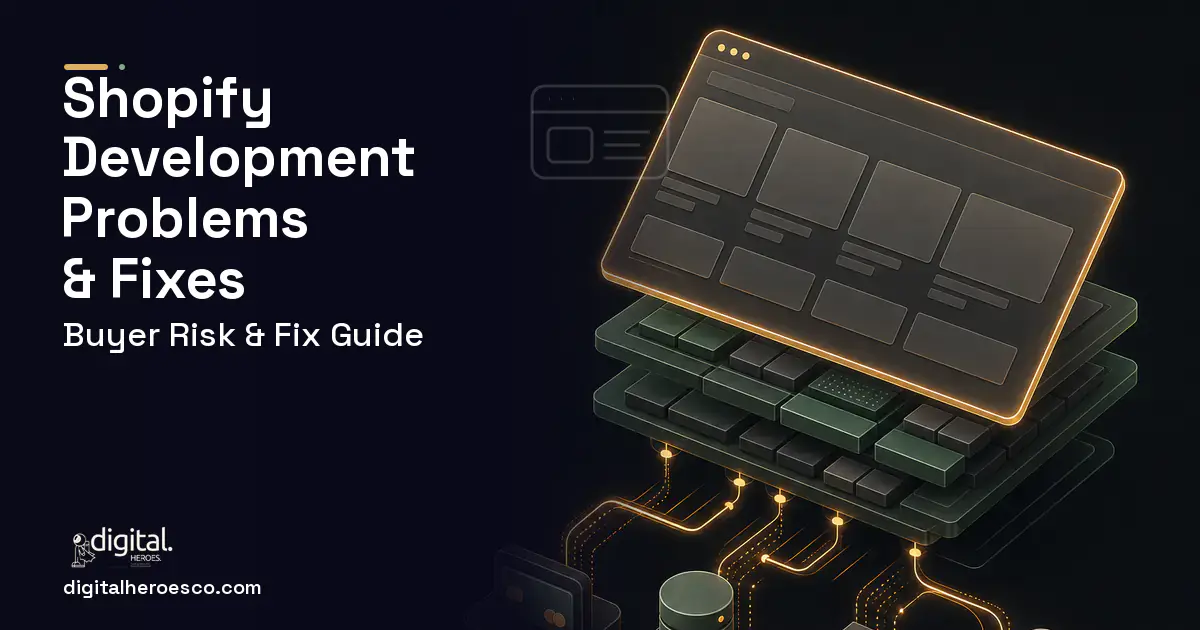 Shopify Development product interface illustration showing common problems and fixes.