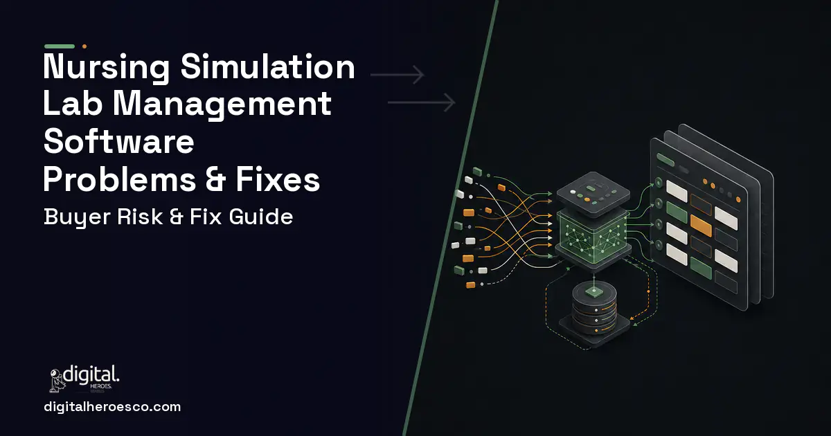 Nursing Simulation LAB Management Software workflow illustration showing common problems and fixes.