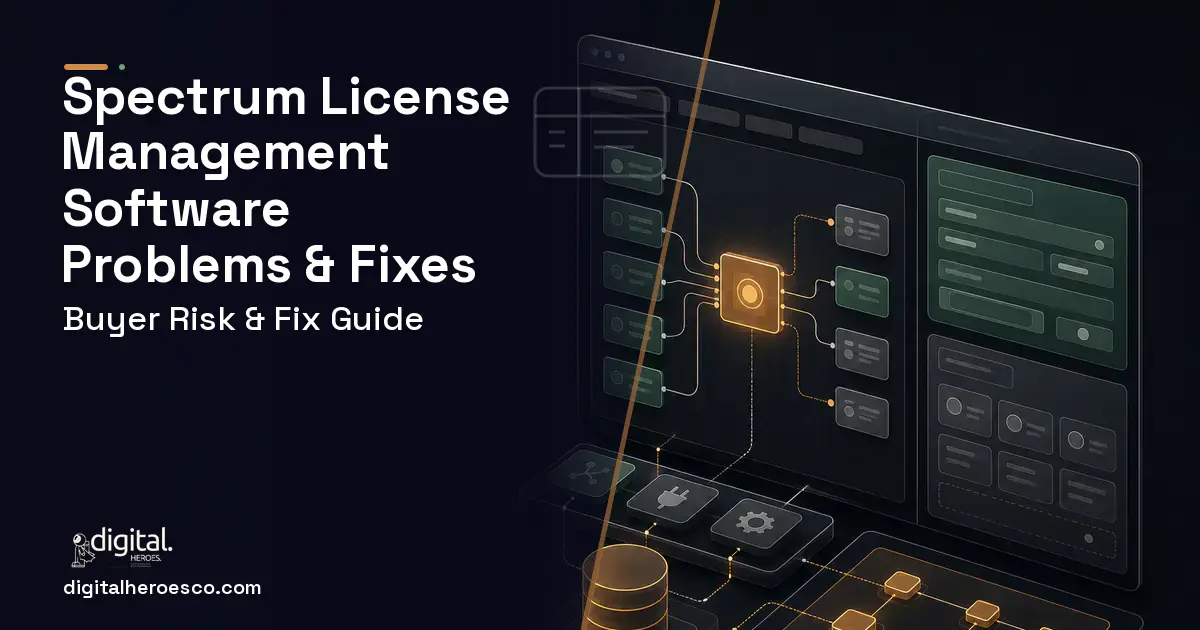 Spectrum License Management Software product interface illustration showing common problems and fixes.