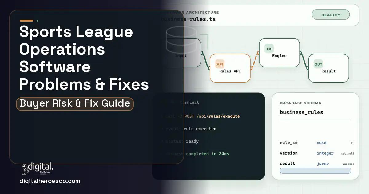 Sports League Operations Software architecture and database illustration showing common problems and fixes.