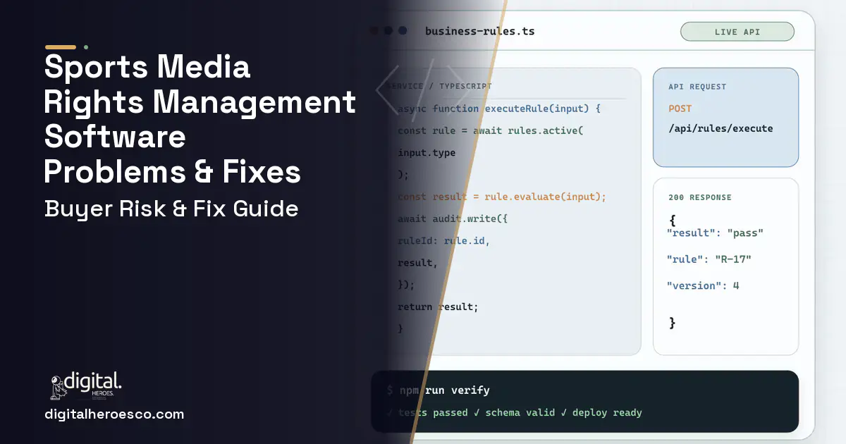 Sports Media Rights Management Software code editor and API illustration showing common problems and fixes.