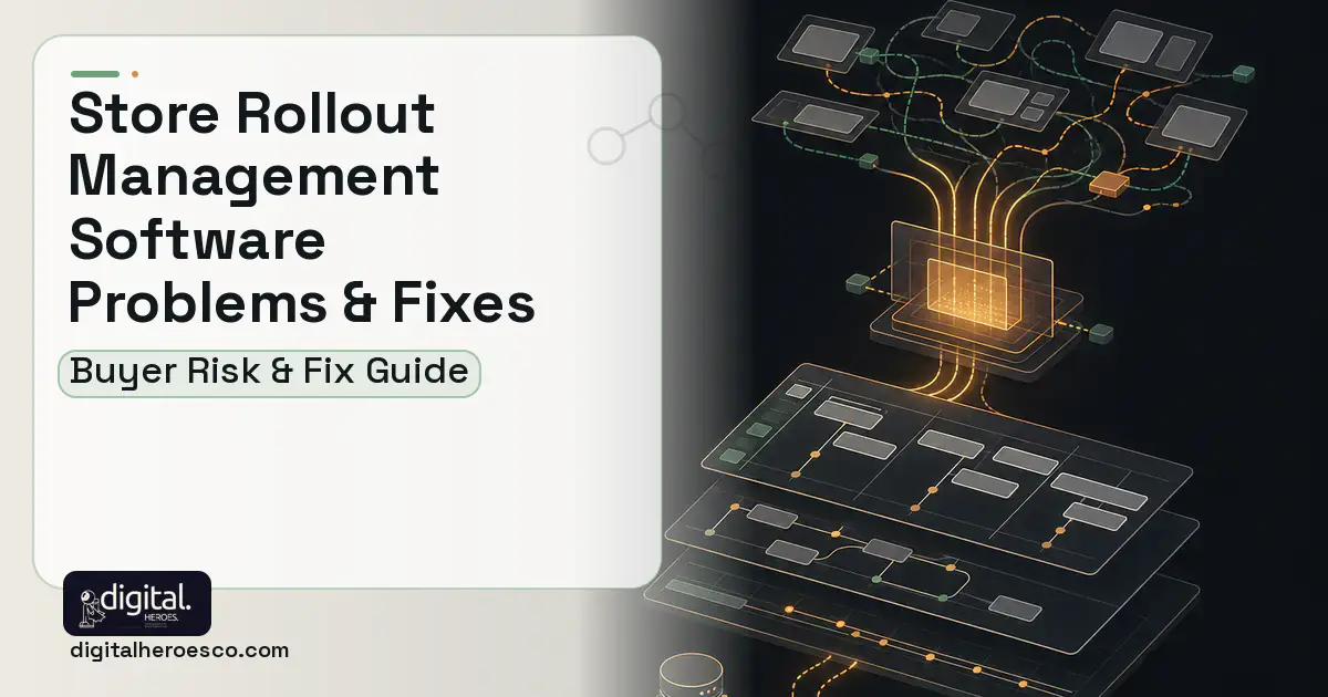 Store Rollout Management Software workflow illustration showing common problems and fixes.