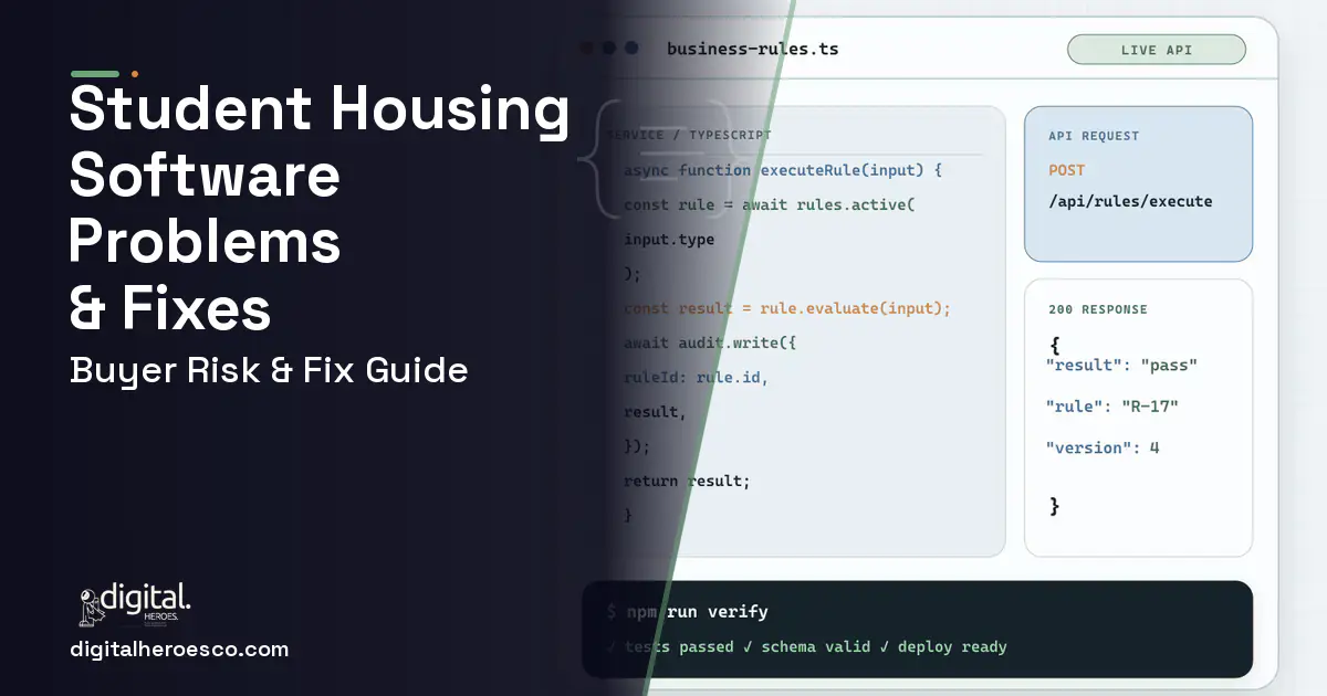Student Housing Software code editor and API illustration showing common problems and fixes.