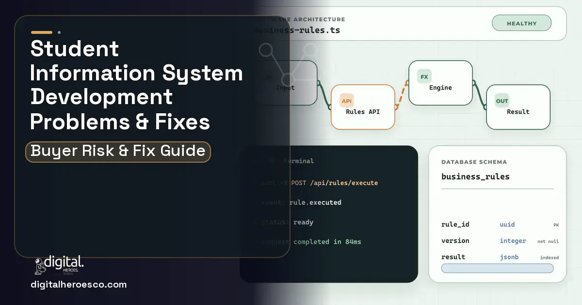 Student Information System Development architecture and database illustration showing common problems and fixes.