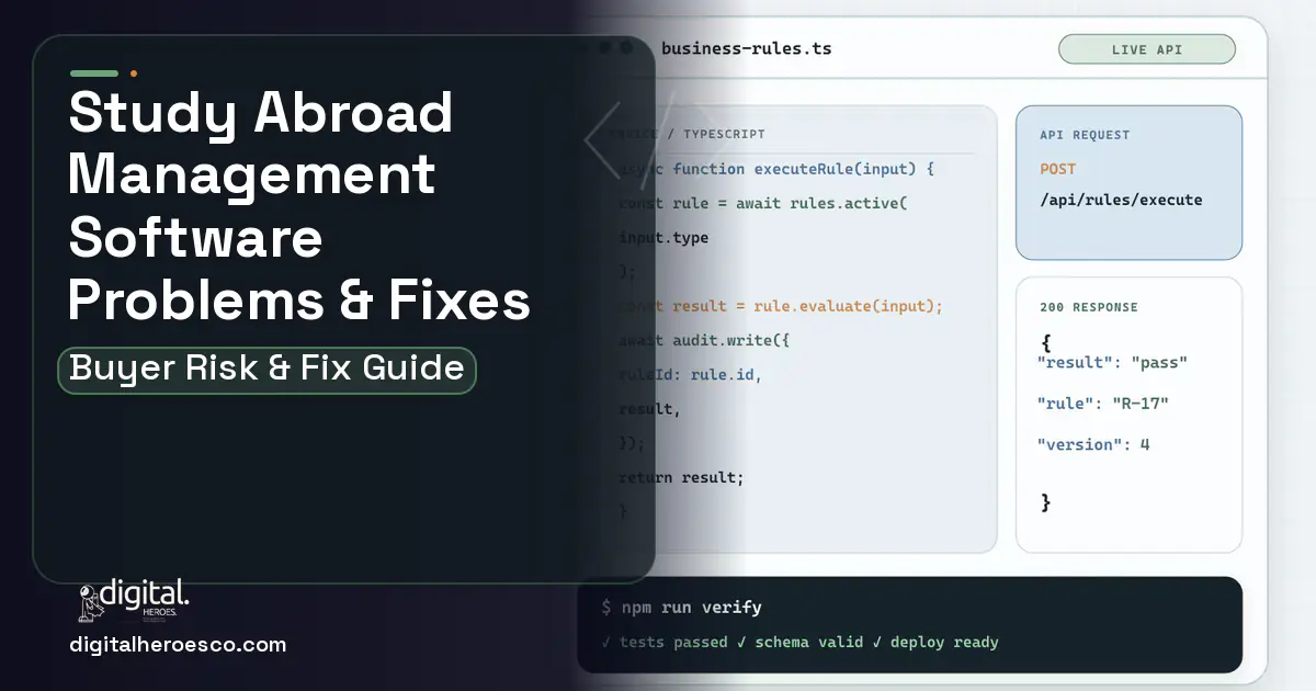 Study Abroad Management Software code editor and API illustration showing common problems and fixes.
