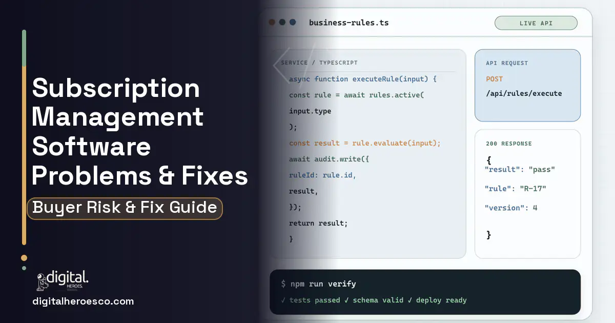 Subscription Management Software code editor and API illustration showing common problems and fixes.