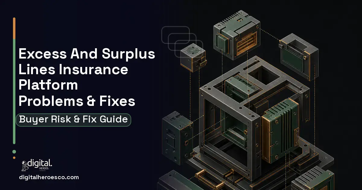 Excess AND Surplus Lines Insurance Platform software overview illustration showing common problems and fixes.
