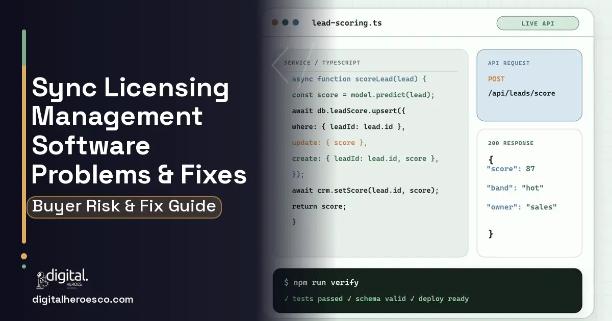 Sync Licensing Management Software code editor and API illustration showing common problems and fixes.