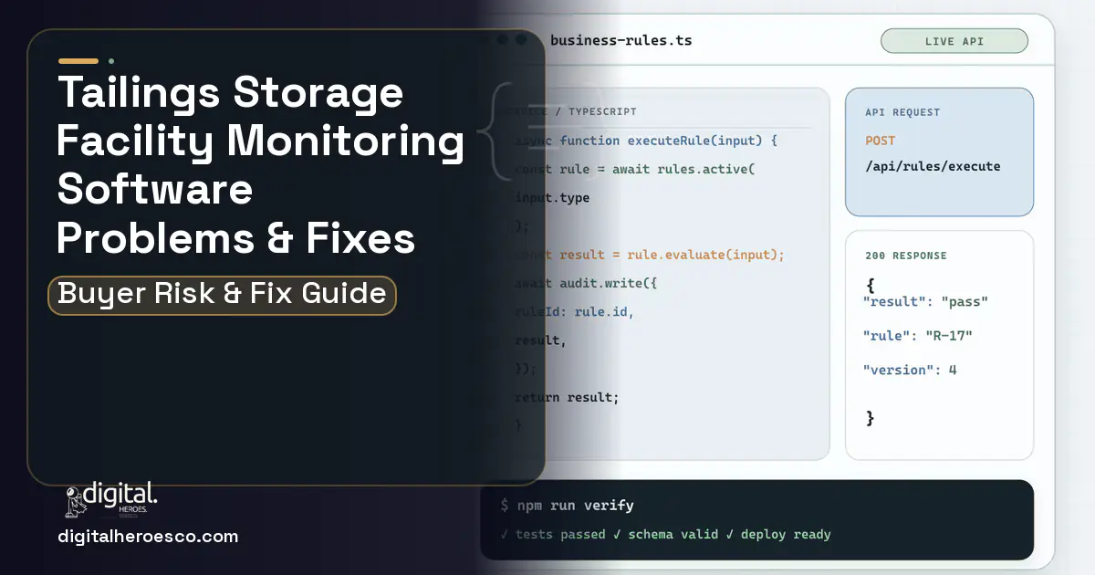 Tailings Storage Facility Monitoring Software code editor and API illustration showing common problems and fixes.
