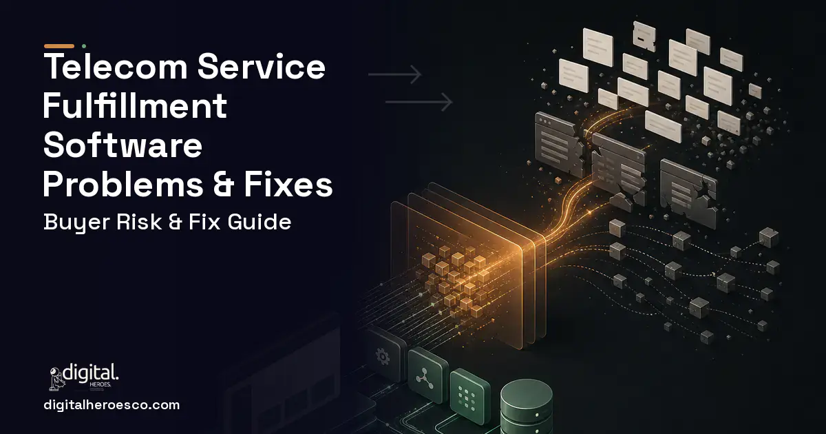 Telecom Service Fulfillment Software workflow illustration showing common problems and fixes.
