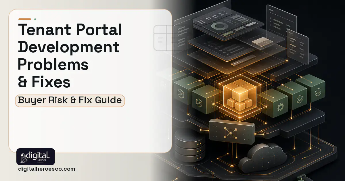 Tenant Portal Development product interface illustration showing common problems and fixes.