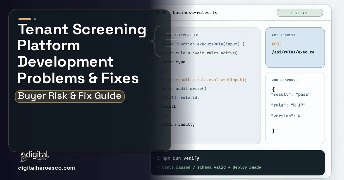 Tenant Screening Platform Development code editor and API illustration showing common problems and fixes.
