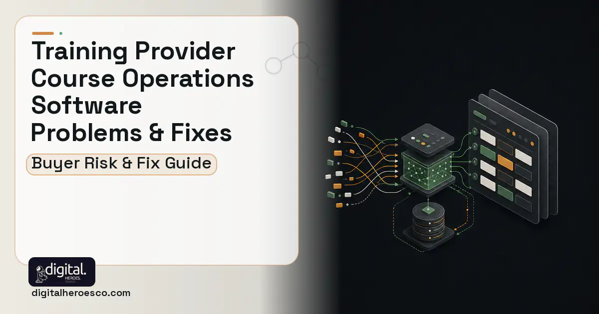 Training Provider Course Operations Software workflow illustration showing common problems and fixes.