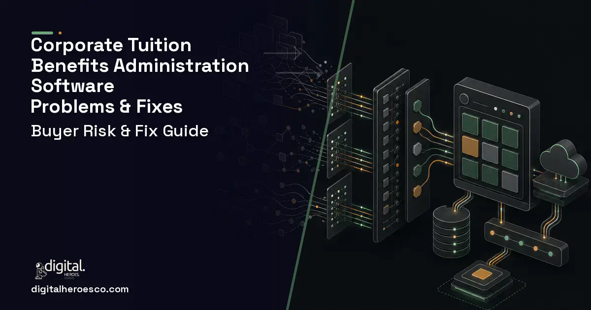 Corporate Tuition Benefits Administration Software workflow illustration showing common problems and fixes.