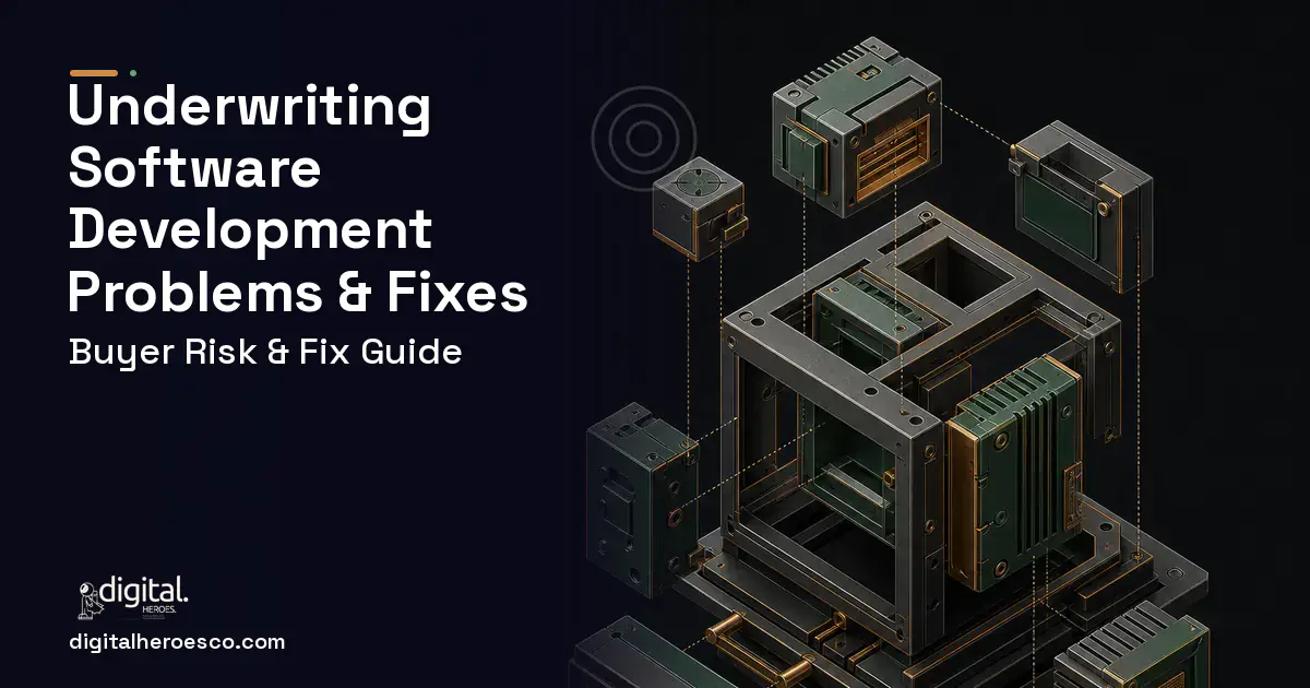 Underwriting Software Development software overview illustration showing common problems and fixes.